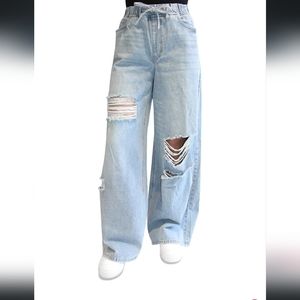 Almost Famous Junior's Drawstring Waist Baggy Wide Leg Jeans Blue Size M